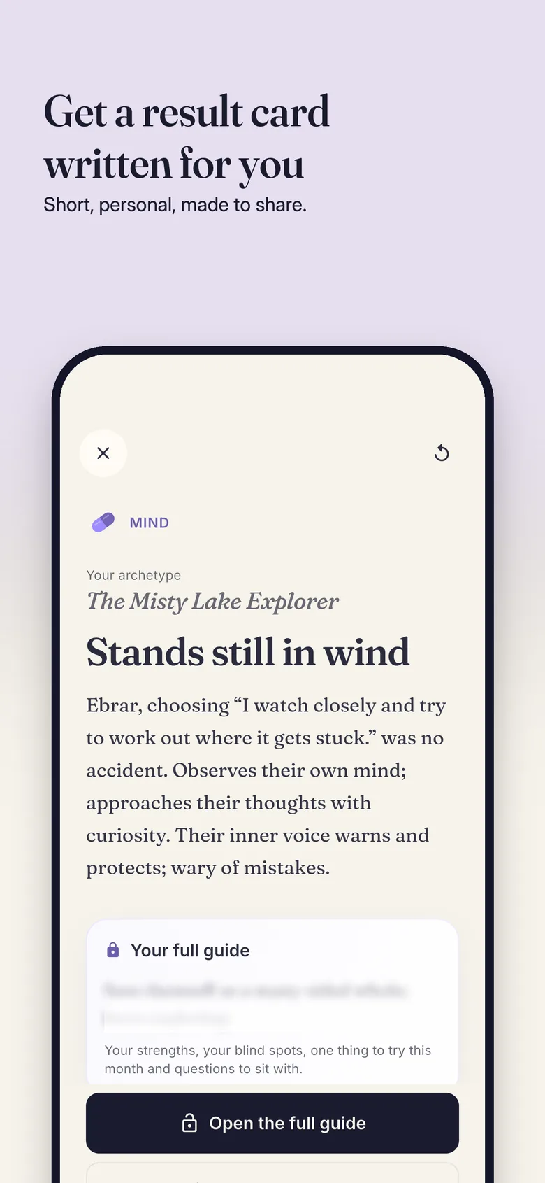 A result card with an archetype and a headline written for you